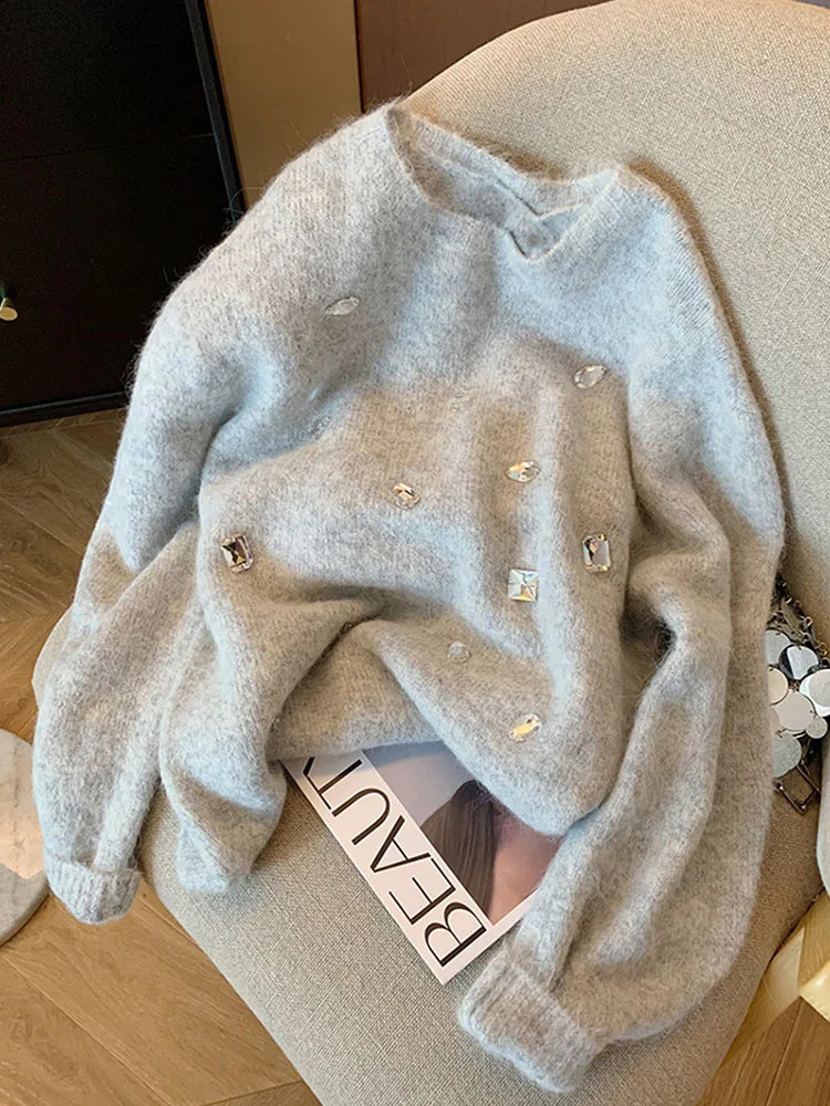 Women's Sweaters Casual Grey Mohair Autumn Winter Fashion ONeck Knitted Top Pullovers Crystal Diamonds Office Lady Oversized Streetwear 231116