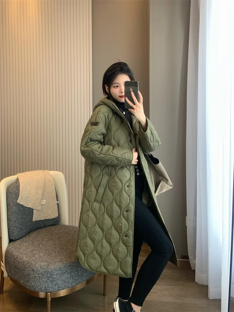 Women's Down Parkas Midlength quilted parka for women Hooded Aline version lightweight warm thin cottonpadded jacket ladies 231116
