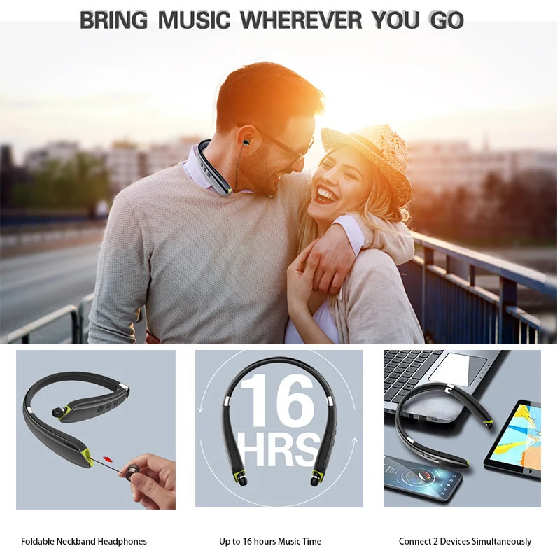Cell Phone Earphones Neckband Bluetooth Headset Wireless Retractable Headphones Foldable Earbuds Noise Cancelling Hifi Stereo Sound With Carry Case 23