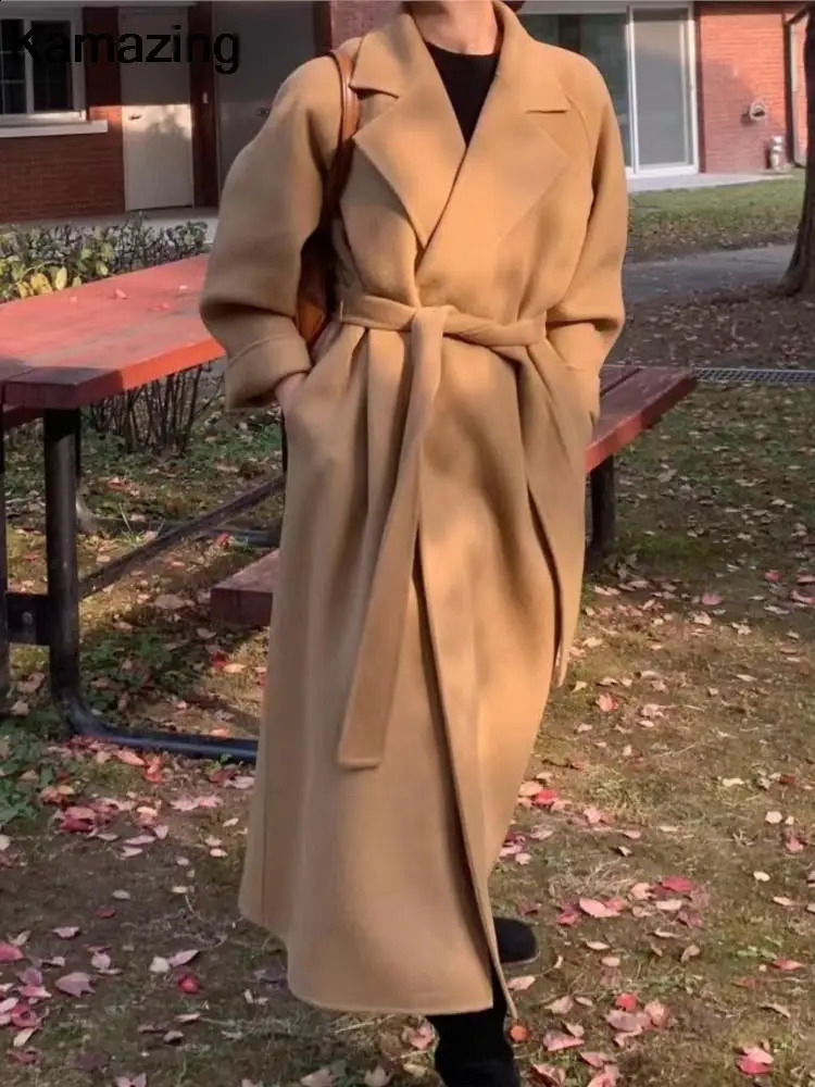 Women's Wool Blends Women Elegant Long Woolen Coat with Belt Autumn Winter Fashion Solid Long Sleeve Chic Outerwear Ladies Casual Overcoat 231116