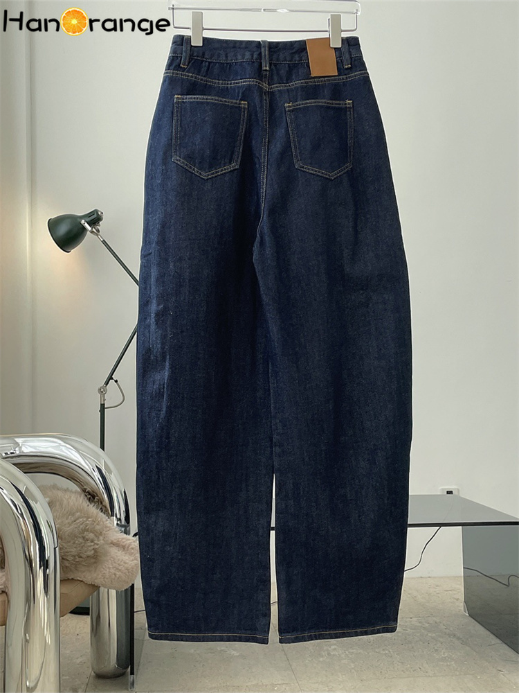 Women's Jeans HanOrange Winter Vintage Arc High Waist Wide Leg Jeans Women Thickened Warm Loose Casual Trousers Female Dark Blue 230417