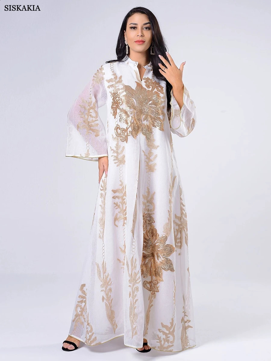 Basic Casual Dresses Siskakia Sequins Embroidered Abaya Dress For Women Moroccan Kaftan Turkey Arabic Jalabiya White Islamic Ethnic Robe Eid 231116