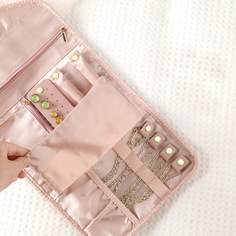 Jewelry Boxes Travel Organizer Roll Velvet Foldable Case for Journey Rings Necklaces Jewerly Storage Bag 231117