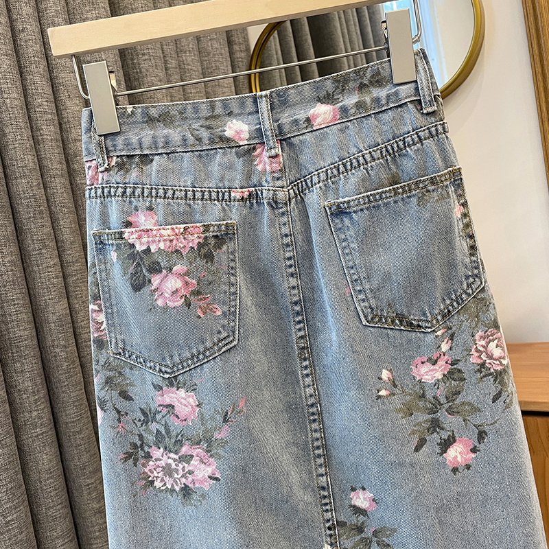 Skirts Women Denim Skirts Summer Floral Print High Waist Split A-Line Skirt Streetwear All-match Casual Jeans Skirt Female 230417