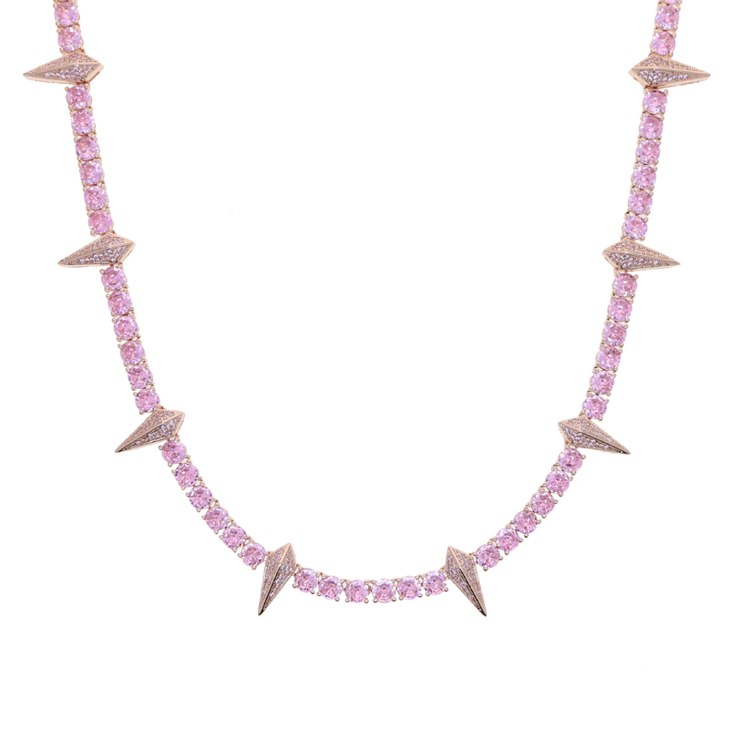 Drop Ship Hip Hop Spike Charm Necklace Paved Pink Cz Stone Plated Rose Gold for Women Men Punk Styles Iced Out Jewelry