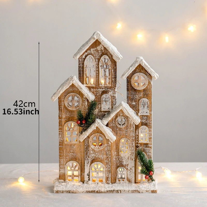 Decorations Wooden House LED Glowing Log Cabin Ornaments Miniature Snow Scene Village Houses Christmas gifts