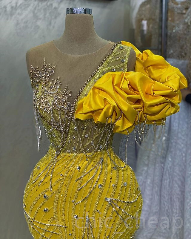 Aso April Ebi Yellow Mermaid Prom Crystals Beaded Sexy Evening Formal Party Second Reception Birthday Engagement Gowns Drs Robe De Soiree ZJ Lz0304