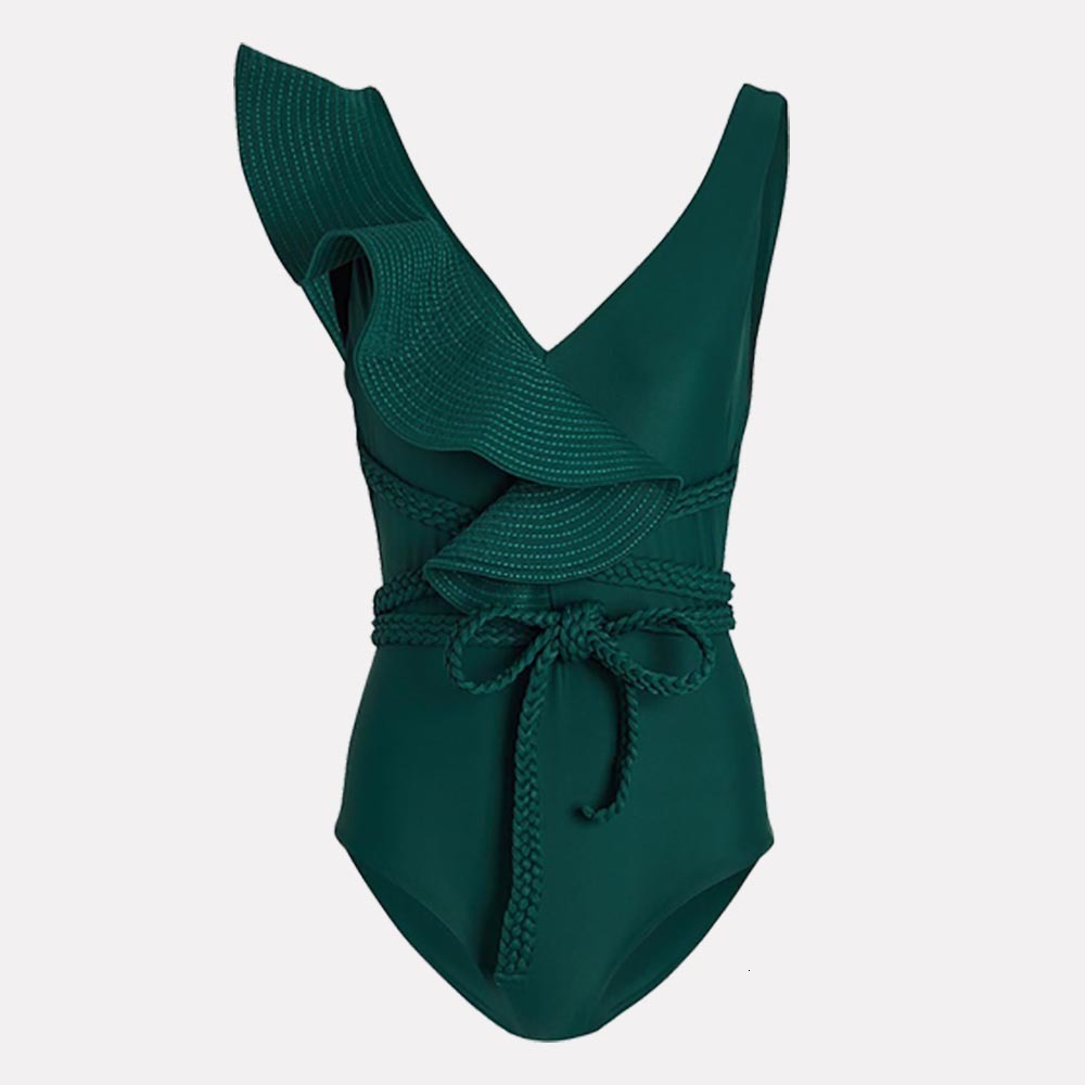 Women's Swimwear Swimwear Women Sexy Swimsuits Deep-v Beach Wear Shoulder Solid Ruffled Plus Size Bathing Suit Summer Micro Bikini 230417