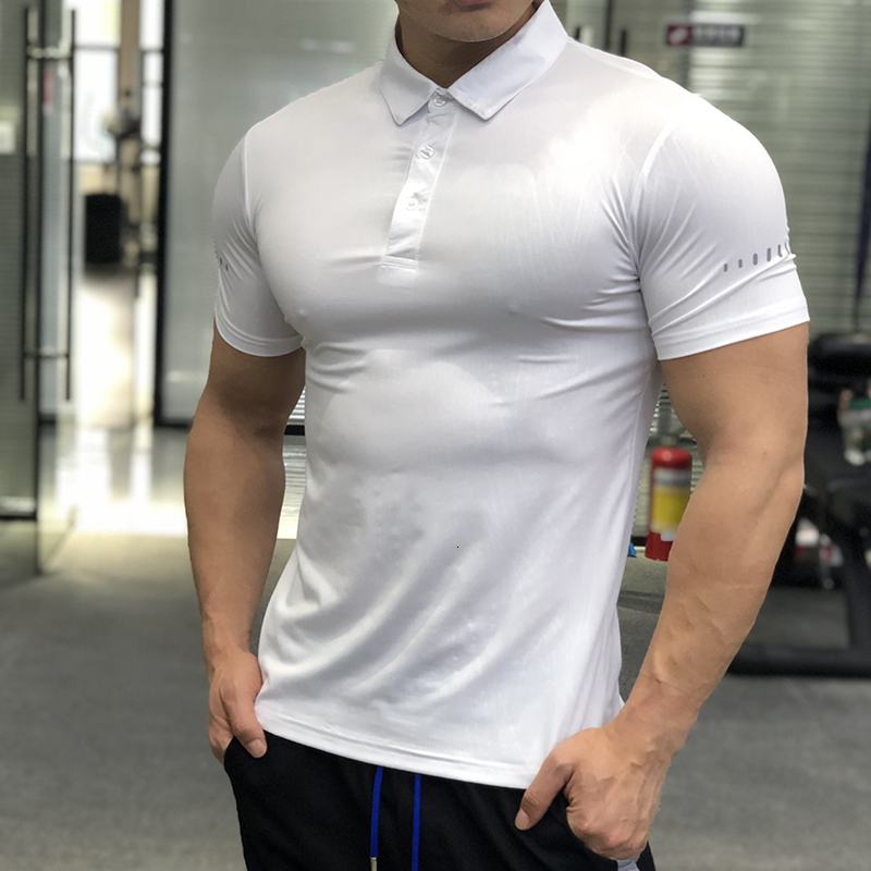 Men's Polos Running Gym Men T Shirt Casual short Sleeve Slim compression Tees elastic T-shirt Sports Fitness Quick dry Polo grain T Shirt 230417