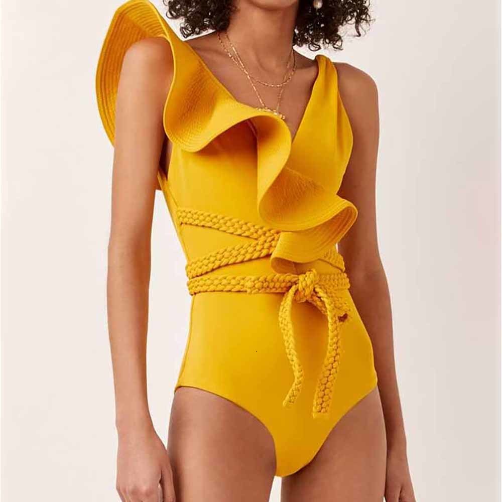Women's Swimwear Swimwear Women Sexy Swimsuits Deep-v Beach Wear Shoulder Solid Ruffled Plus Size Bathing Suit Summer Micro Bikini 230417