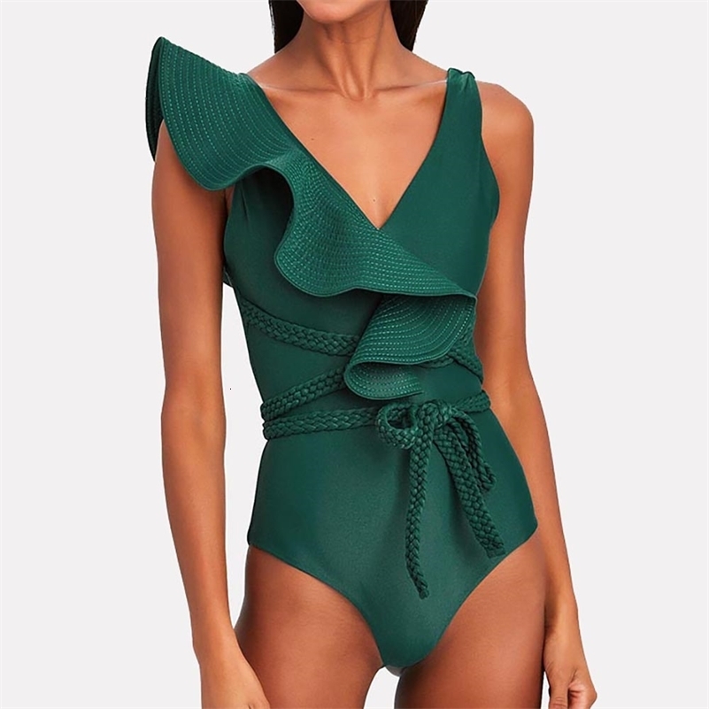 Women's Swimwear Swimwear Women Sexy Swimsuits Deep-v Beach Wear Shoulder Solid Ruffled Plus Size Bathing Suit Summer Micro Bikini 230417