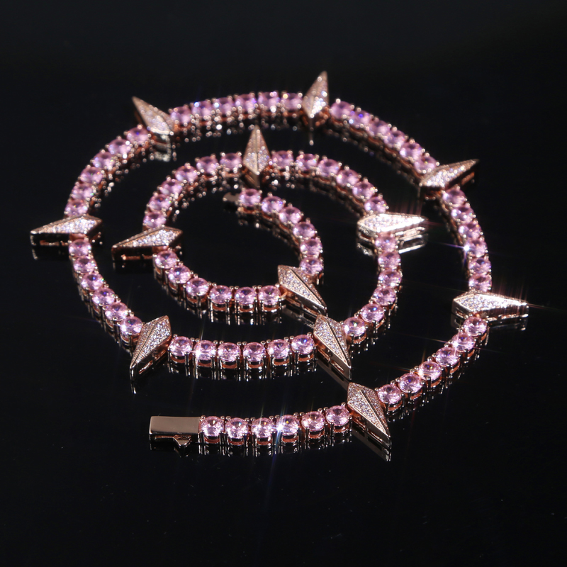 Drop Ship Hip Hop Spike Charm Necklace Paved Pink Cz Stone Plated Rose Gold for Women Men Punk Styles Iced Out Jewelry