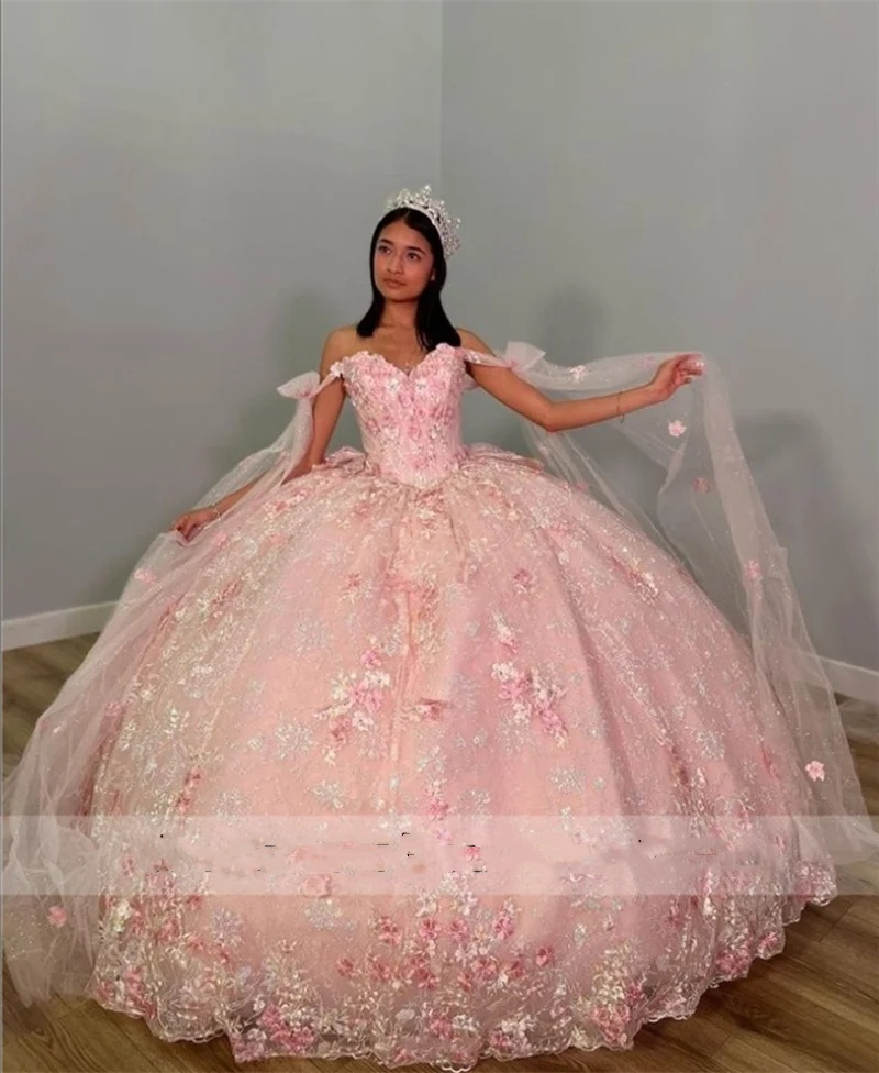 Glitter Pink Beaded Ball Gown Quinceanera Dresses 2024 Appliques Sweet 16 Dress Pageant Vestidos De 15 Anos Party Gowns 6660306