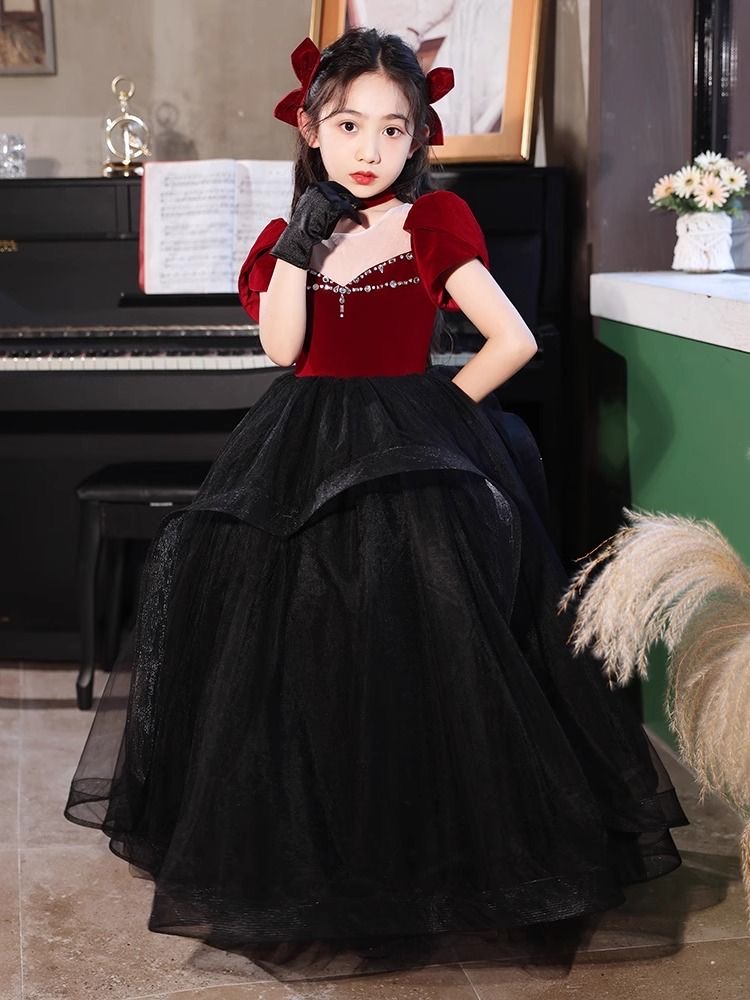 Years Red Black Flower Dresses For Wedding New Arabic Crystals Princess Cap Sleeves First Communion Kids Prom Dress Girls Pageant Gowns 403