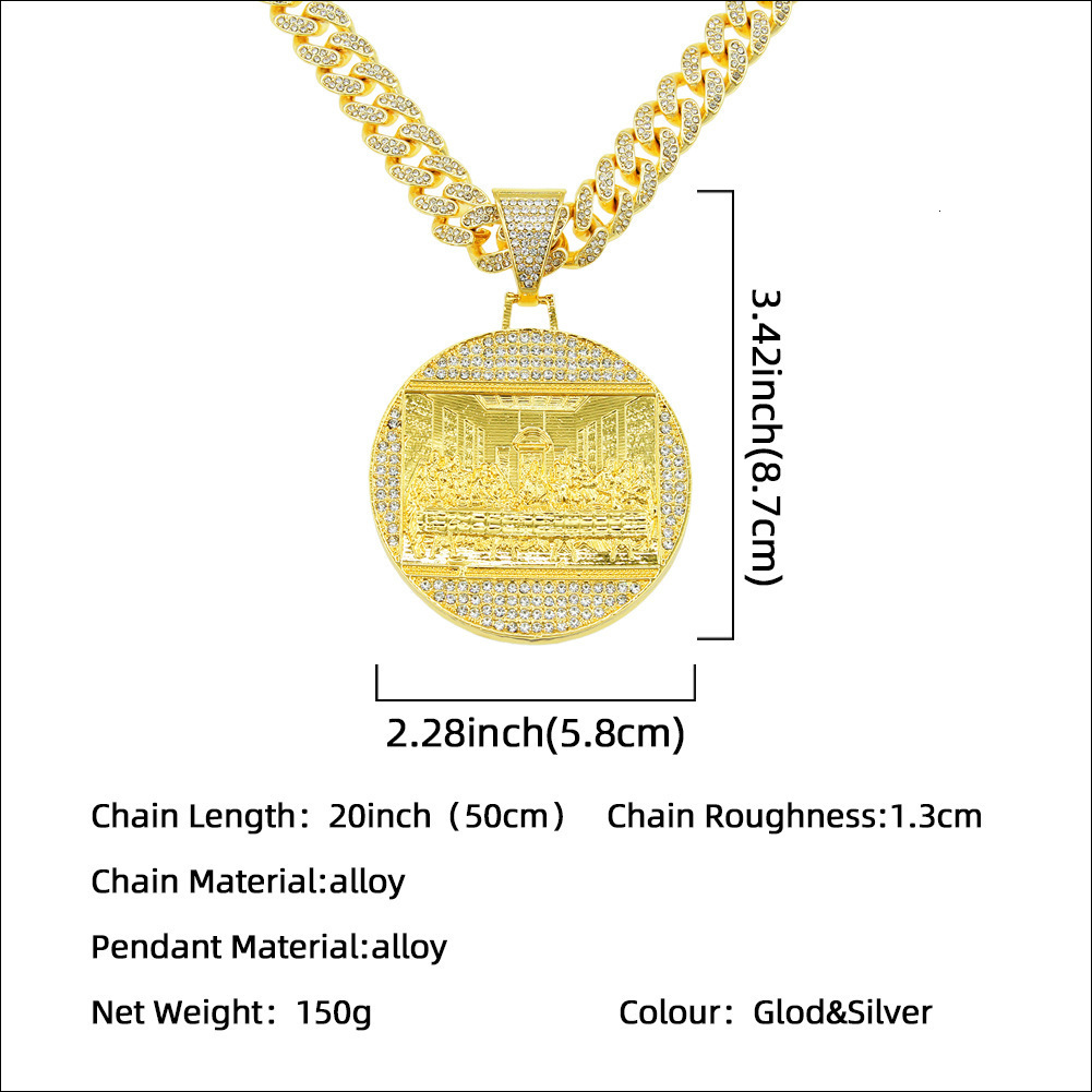Pendant Necklaces Hip hop exaggerated diamond embellished large round label pendant necklace trendy men punk domineering cool Cuba chain accessory 210