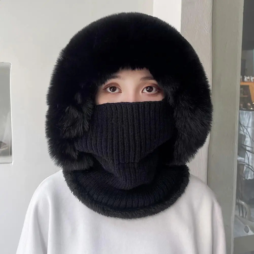 BeanieSkull Caps Knitted Hat Pompom Plush Ears Protection Solid Color Autumn Winter Women Face Cover Neck Gaiter Warmer Beanie Cap for Ski 231116