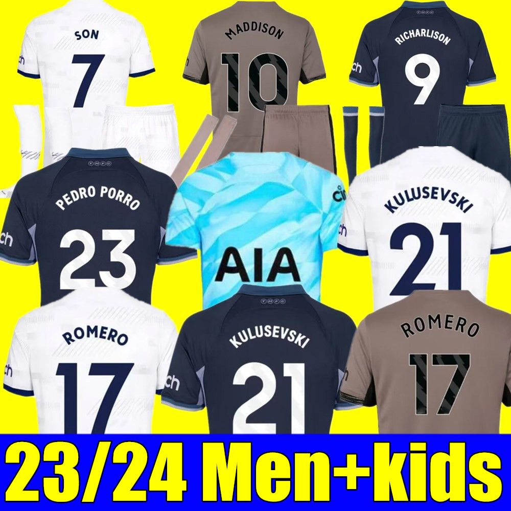 New SON 23 24 Soccer Jerseys KULUSEVSKI RICHARLISON PERISIC SPURS PEDRO PORRO 2023 2024 DANJUMA ROMERO goalkeeper gk Football kit shirt Men kids kit set unifomrs