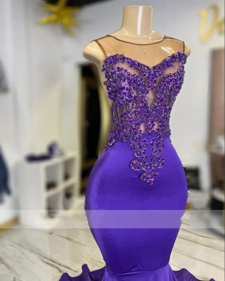 Purple Sheer O Neck Long Prom Dresses For Black Girls 2023 Beaded Appliques aso ebi Mermaid Evening Gowns robe soiee