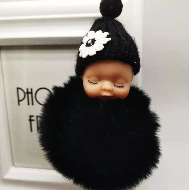 Cute Sleeping Baby Doll Keychain Pompom Helmet Rabbit Fur Ball Carabiner Key Chain Keyring Key Holder Bag Pendant key Ring Gift