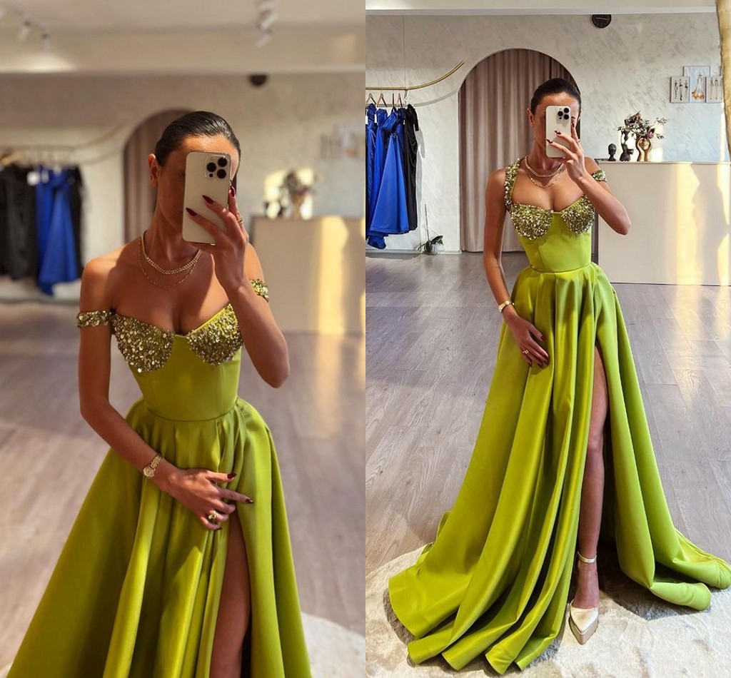 Sexy Green A Line Prom Dresses Long for Women Halter Neck Sequined Floor Length High Side Split Birthday Pageant Celebrity Evening Party Gowns Formal Occasions