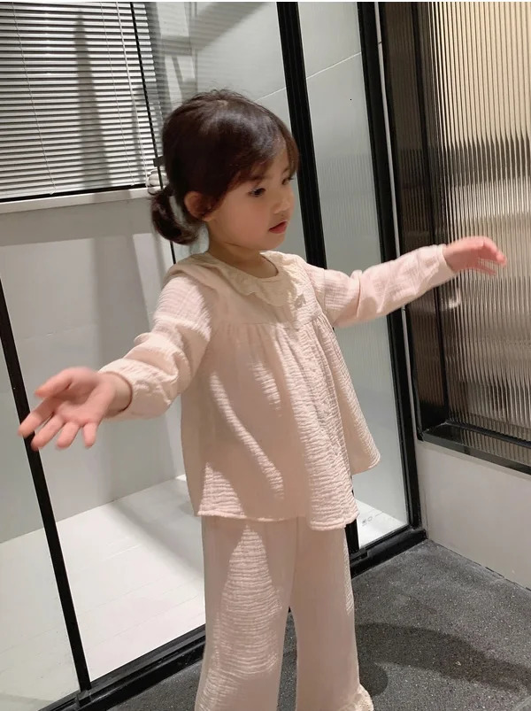 Pajamas Cute Kid Girl's Lolita Round Neck Cotton Crepe Pajama Sets.Toddler Kid's Cardigan Pyjamas Set Home Sleepwear.Children's Clothin