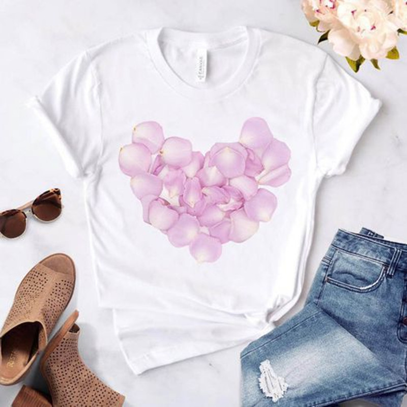 Women tshirt Heart Flower Print Womens T-Shirt Ladies Casual Basis O-Collar White Shirt Short Sleeve Ladies T-Shirt Love Graphic Printing