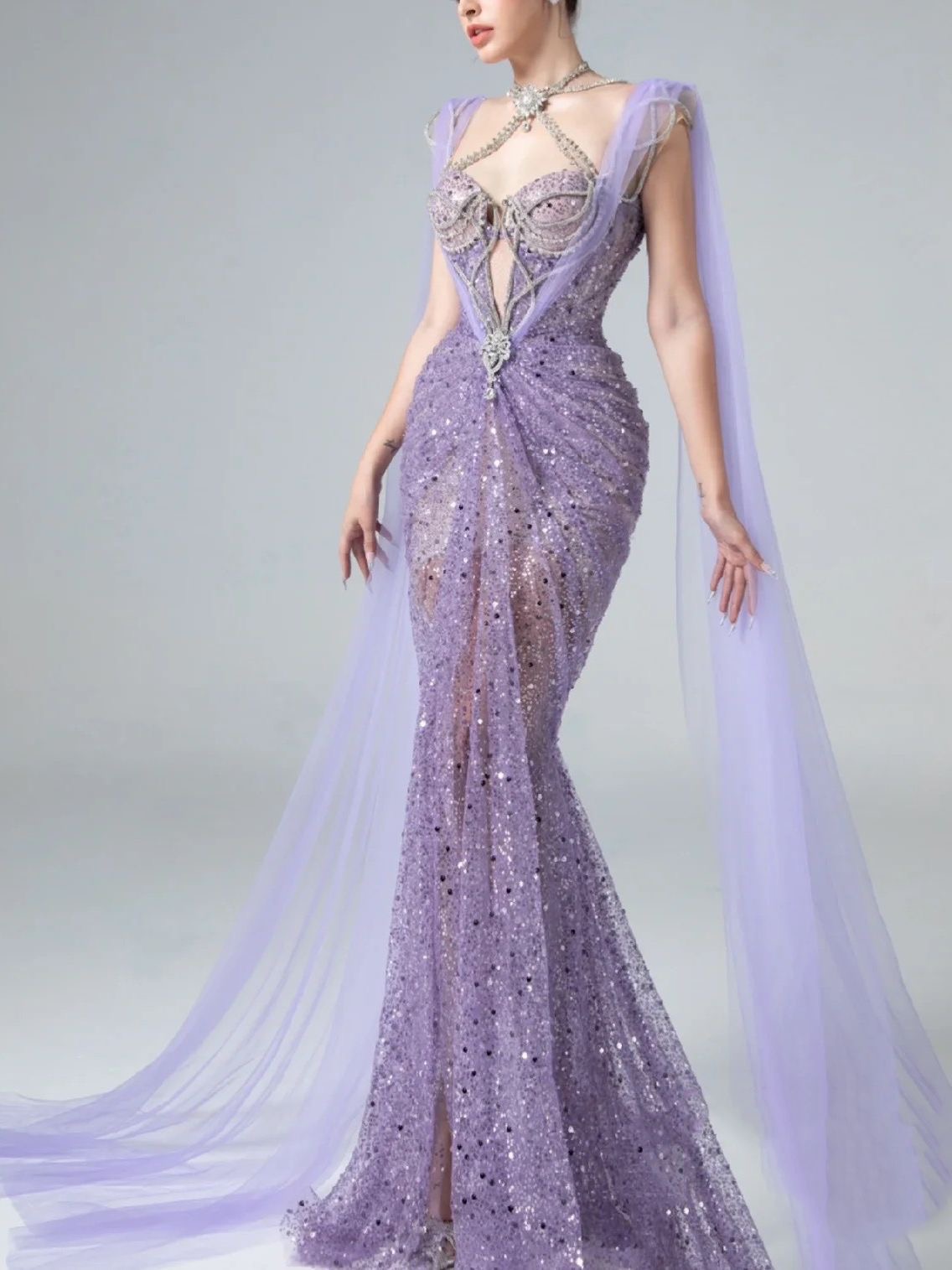 Luxury Purple Crystal Evening Dress new 2024 Lace Beaded Mermaid Sequined Prom Formal Gowns hang Neck shiny gown Robe De Soiree Vestidos Feast Fo