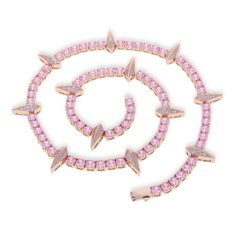Drop Ship Hip Hop Spike Charm Necklace Paved Pink Cz Stone Plated Rose Gold for Women Men Punk Styles Iced Out Jewelry