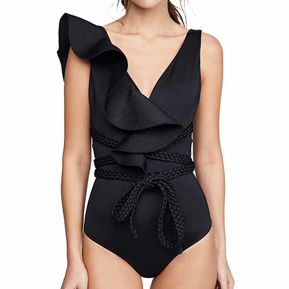 Women's Swimwear Swimwear Women Sexy Swimsuits Deep-v Beach Wear Shoulder Solid Ruffled Plus Size Bathing Suit Summer Micro Bikini 230417