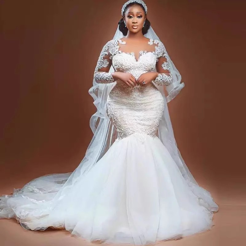 2023 Arabic White Mermaid Wedding Dresses long Train gillter Beaded Crystals illusion long sleeve Bridal Gowns turkish wed dress new lace plus size Ve