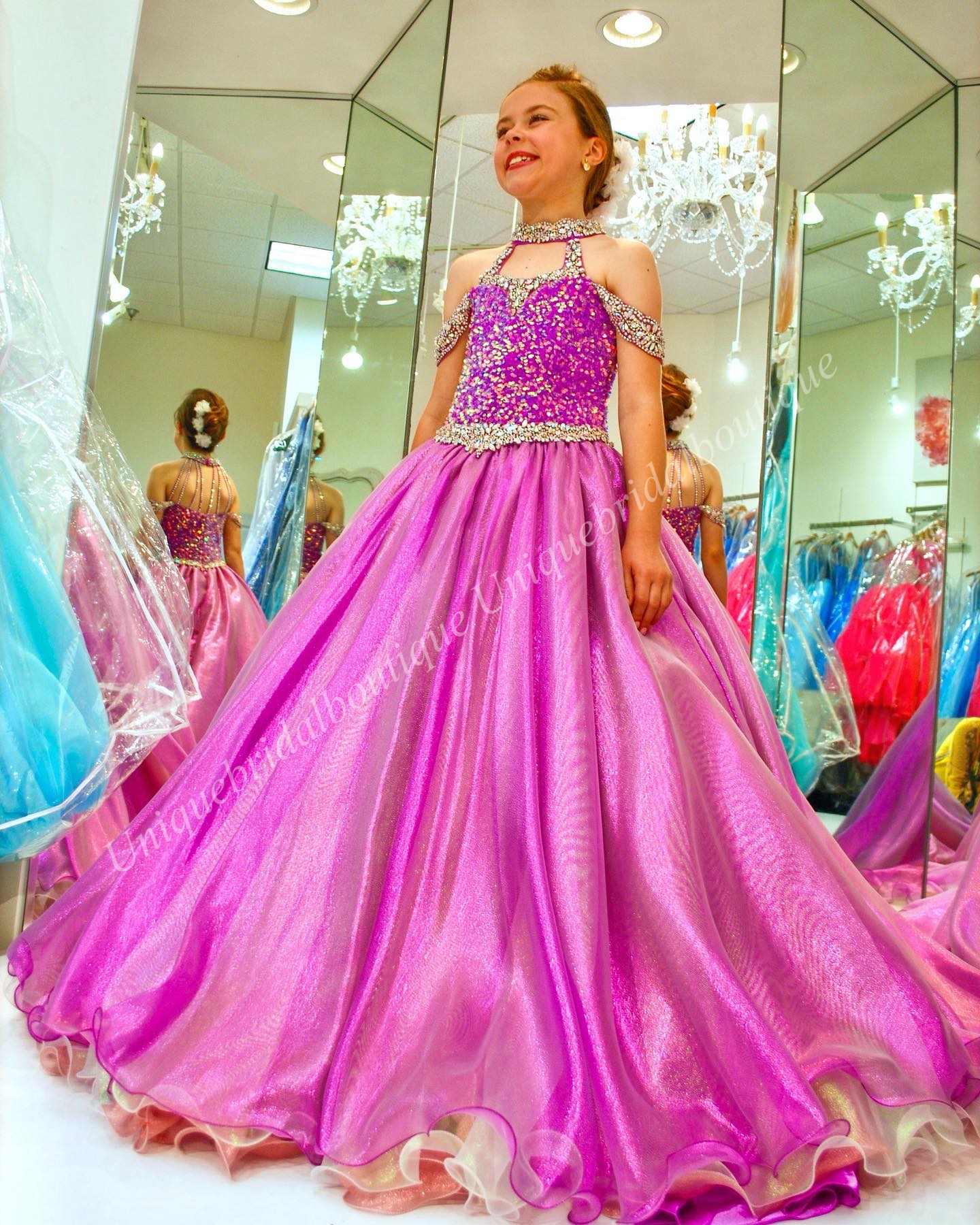2023 Girls Pageant Dresses unicorn Plus Size Zipper Halter Neck Real-Picture Beading Organza Little Girl Birthday Junior Prom Gown Crystal AB Stones R