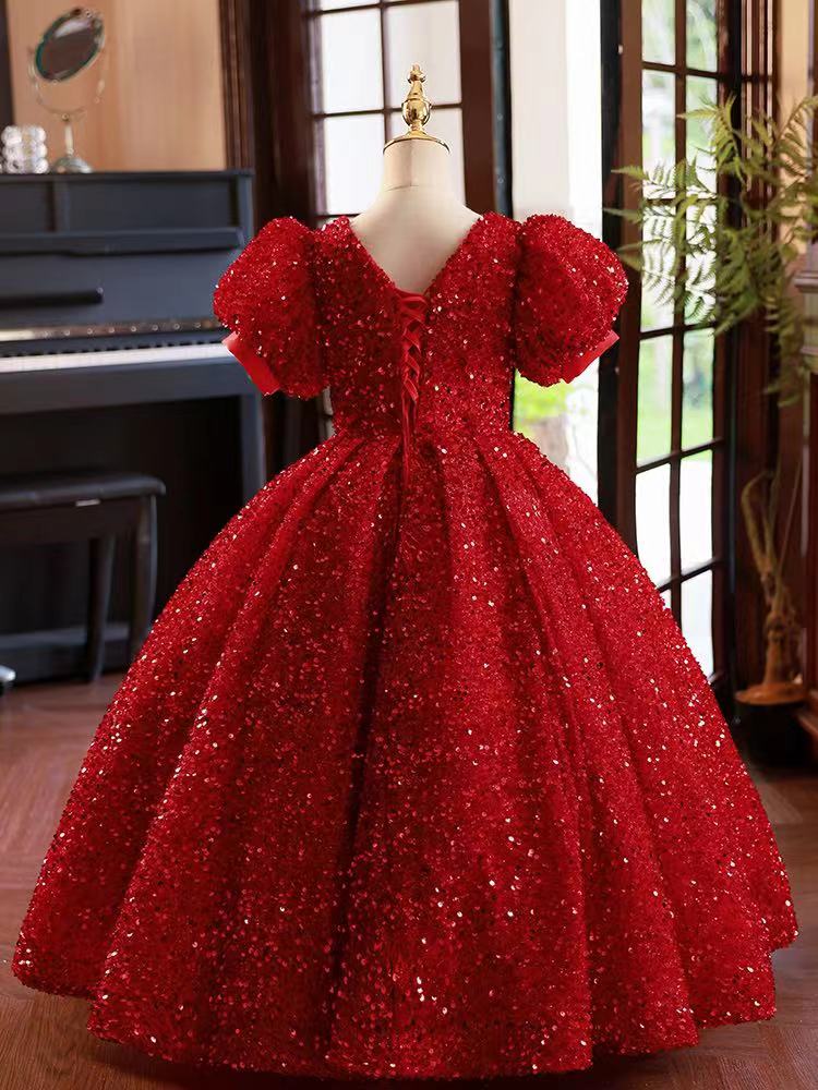 Red Flower Girl Dresses Jewel Neck Ball Gown Lace Appliques Beads Sequined Kids Girls Princess Pageant Dress For Wedding Birthday Party Christmas Gown