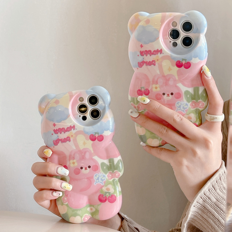 3D Cute Cartoon Bear Cases Pink Ice Cream Melting Graffiti Flowers Butterfly For iPhone 14 13 Pro Max 13 12 11 Pro X XR XS Max Silicone Protective Sho