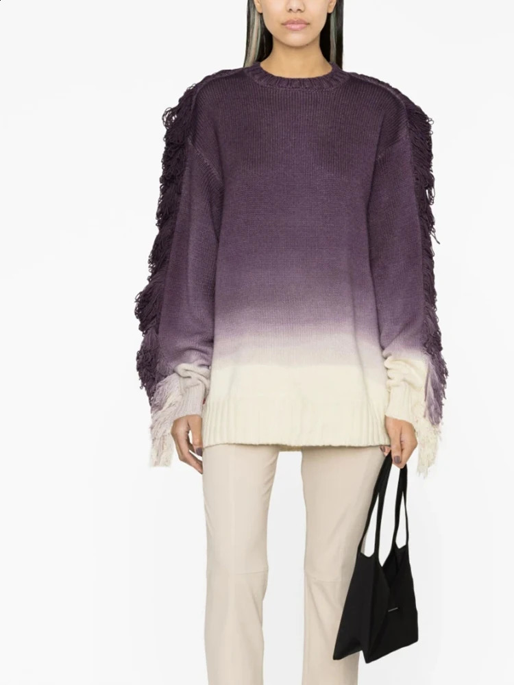 Women's Sweaters TWOTYLE Ombre Casual For Women O Neck Long Sleeve Patchwork Tassel Temperament Loose Sweater Female Fashion Style 231116