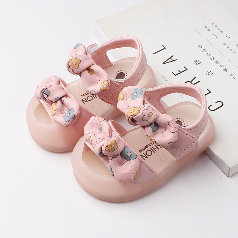 Sandals Summer Sweet Princess Shoes Baby Fashion Breathable Flower Print Bowtie Toddler Shoes Soft Bottom Girls' Sandals 230417