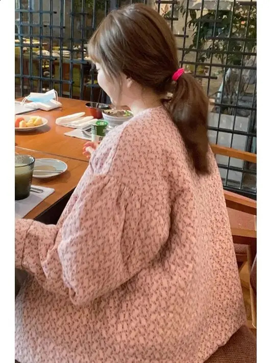 Women's Down Parkas Korej Korean Style Winter Coat Women Round Neck Floral Printed Pink Parka Mujer Outwear Sweet Warm Pockets Jackets Clothes 23