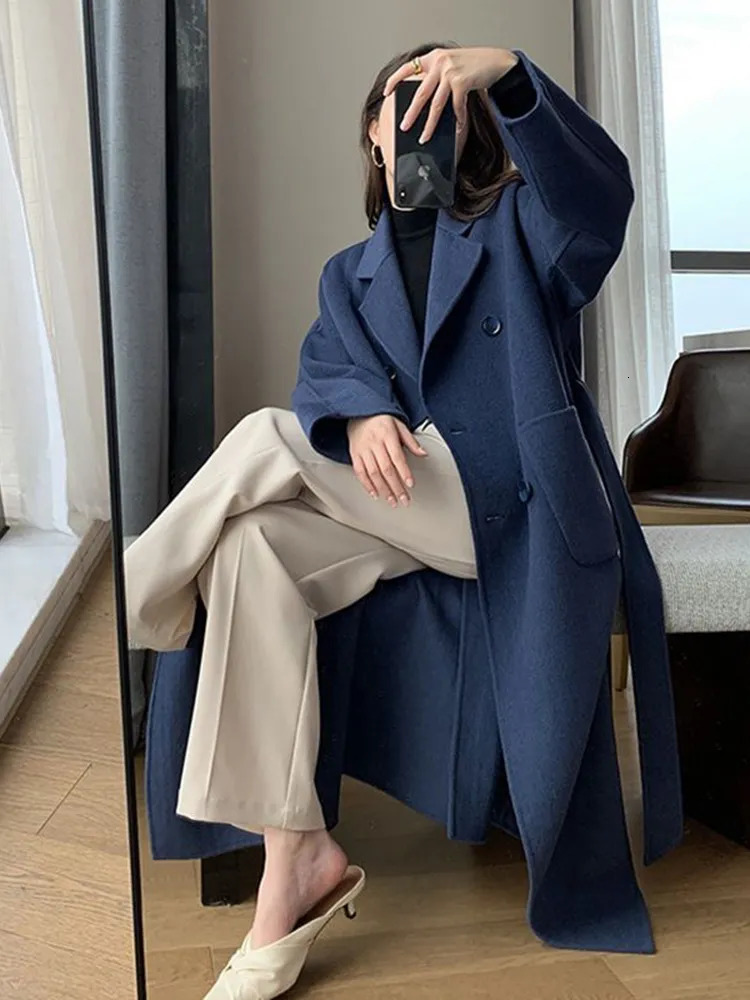 Women's Wool Blends Jmprs Winter Woolen Long Coat Casual Women Double Breasted Faux Wool Jacket Fall Fashion Korean Ladies Black Clothes 231117