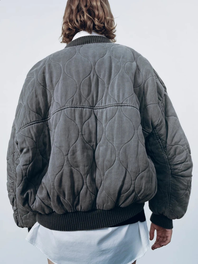 Womens Jackets ZBZA Autumn and Winter Quilted Loose Bomber Jacket Long Sleeve Flap Pocket Zipper Warm Coat