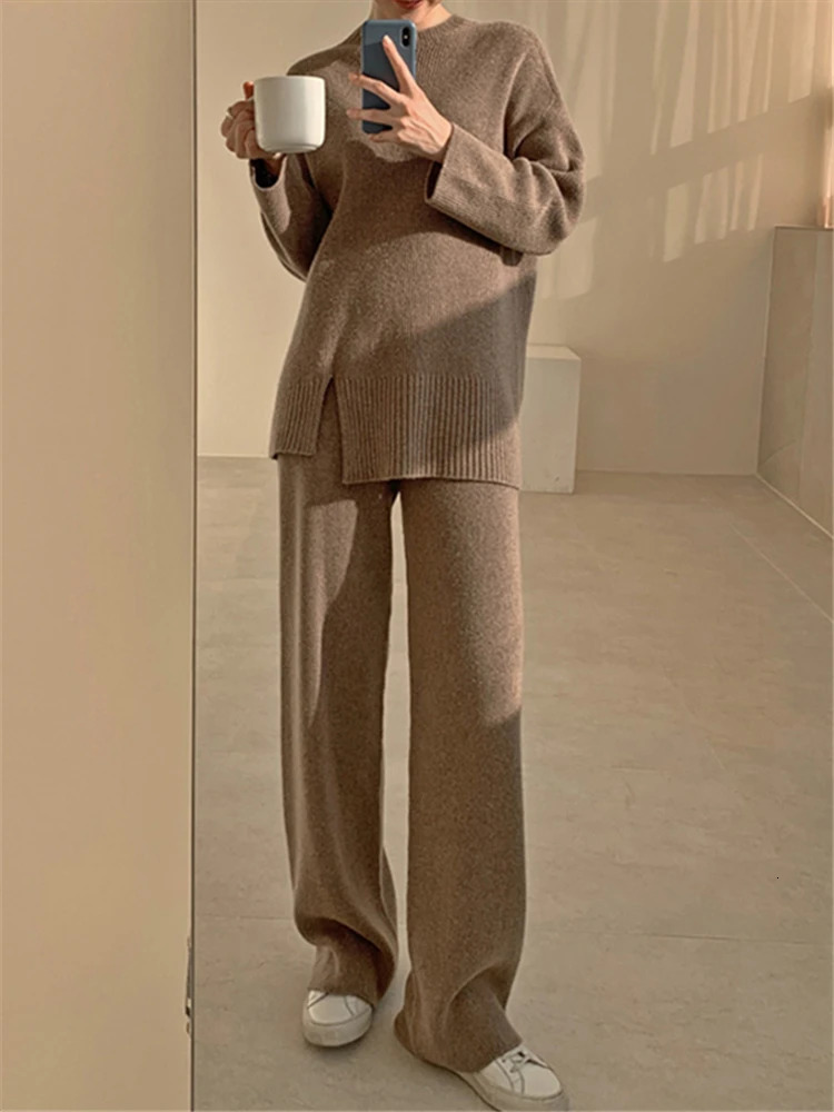 Womens Two Piece Pants REALEFT Autumn and Winter 2Piece Knitted Track Suit ONeck Split Sweater Wide Leg Jogger Zipper Set 231118wtt