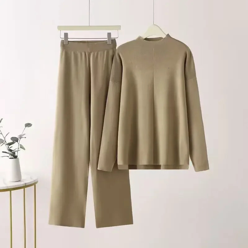 Womens Two Piece Pants Fashion pants set womens track and field clothing autumn winter casual loose fitting sweater wide leg knitting twopiece 231118w