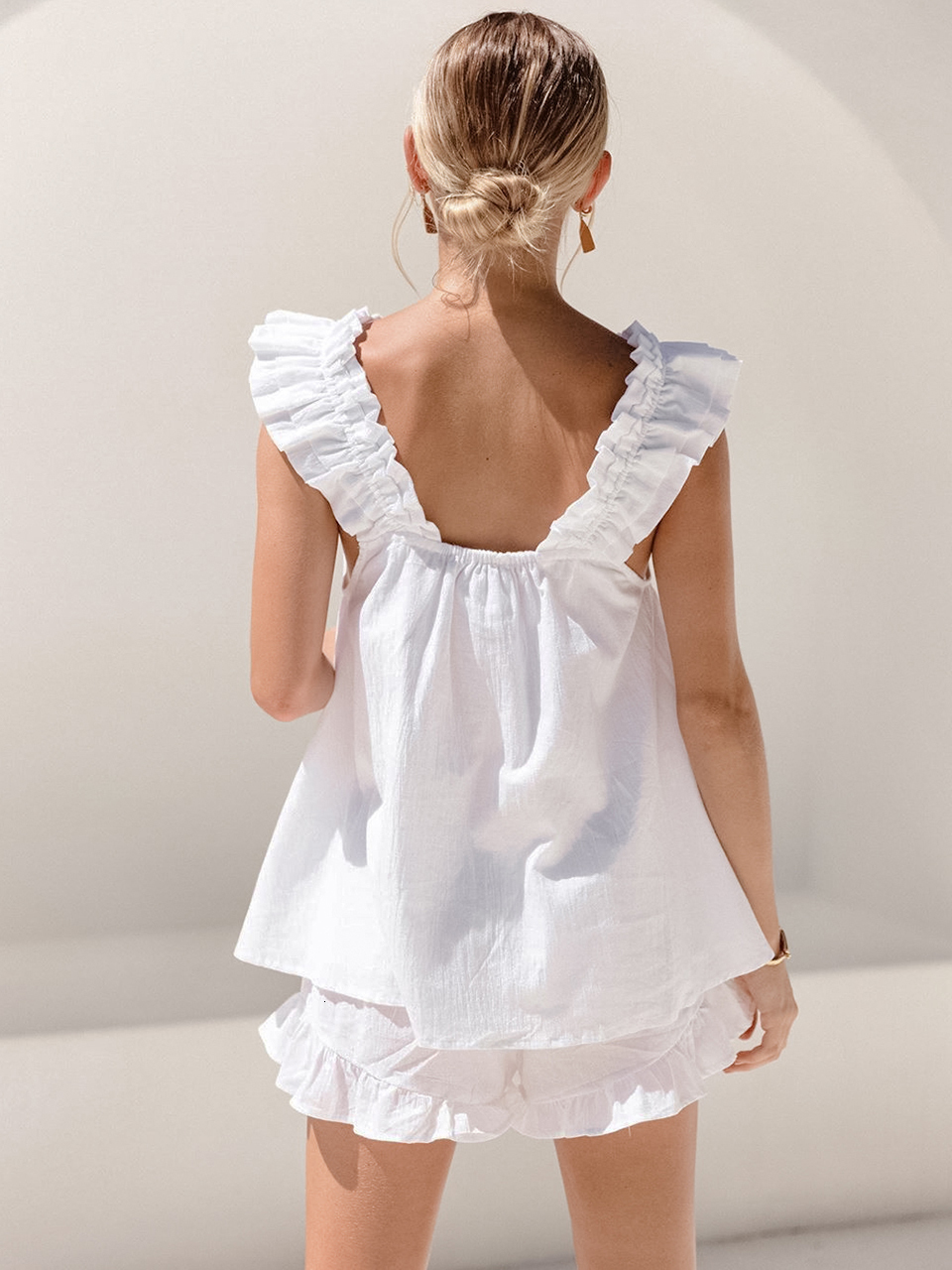 Women's Sleepwear Linad Square Neck Women's Nightwear White Frilled Pijama Set Woman 2 Pieces 100% Cotton Home Suit Sleeveless Loose Pajamas