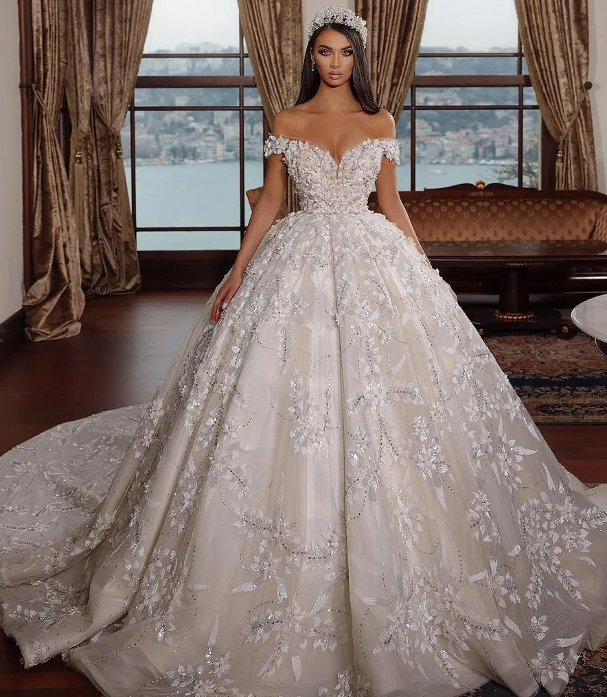 Glamorous Ball Gown Wedding Dresses Sweetheart Off the Shoulder Whole Body Flower Applicant Backless Chapel Gown Custom Made Bridal Gown Vestidos De N