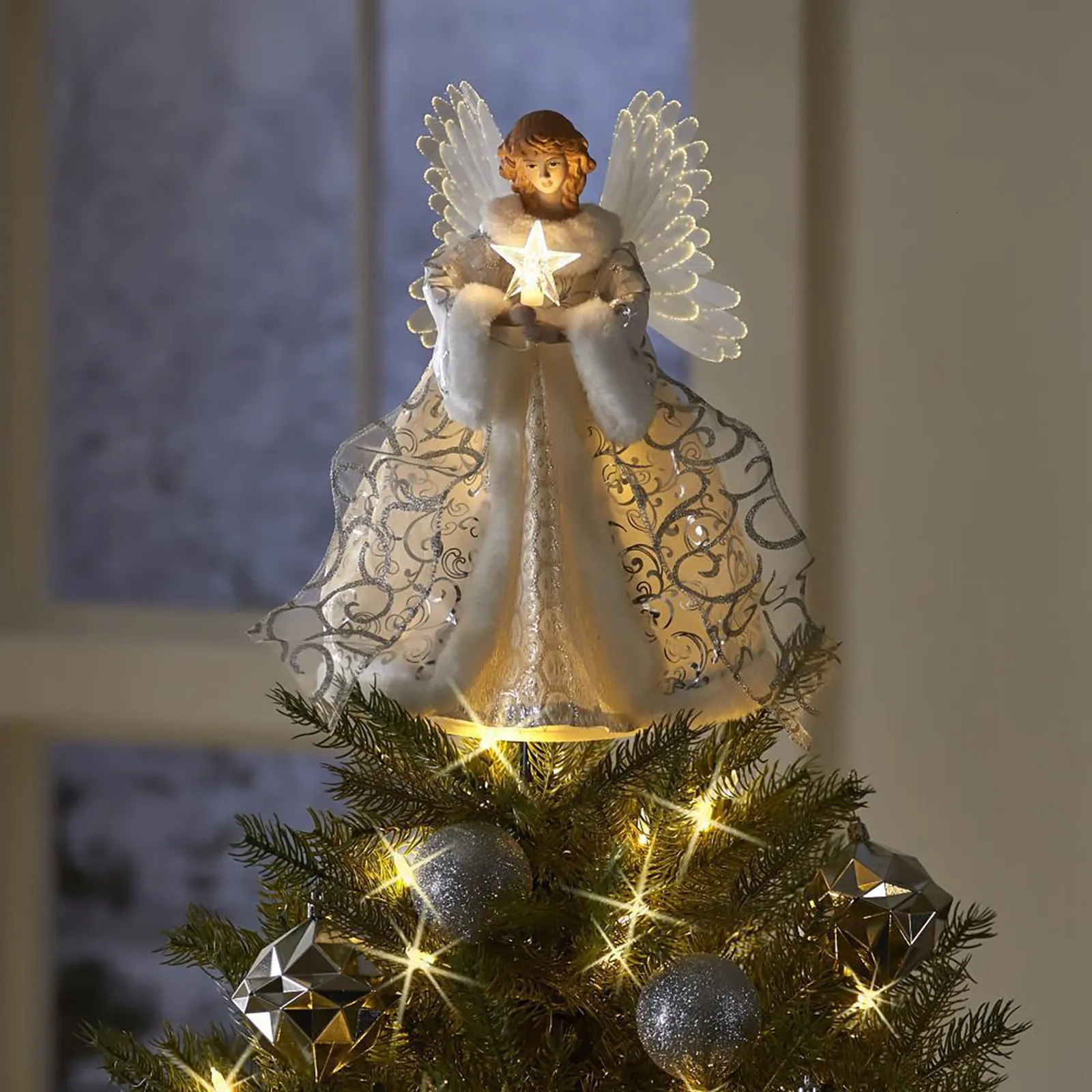 Christmas Decorations Christmas Tree Toppers LED Glowing Angel Ornament Xmas Festive Party Supplies Home Decoration Year Navidad Noel 231117