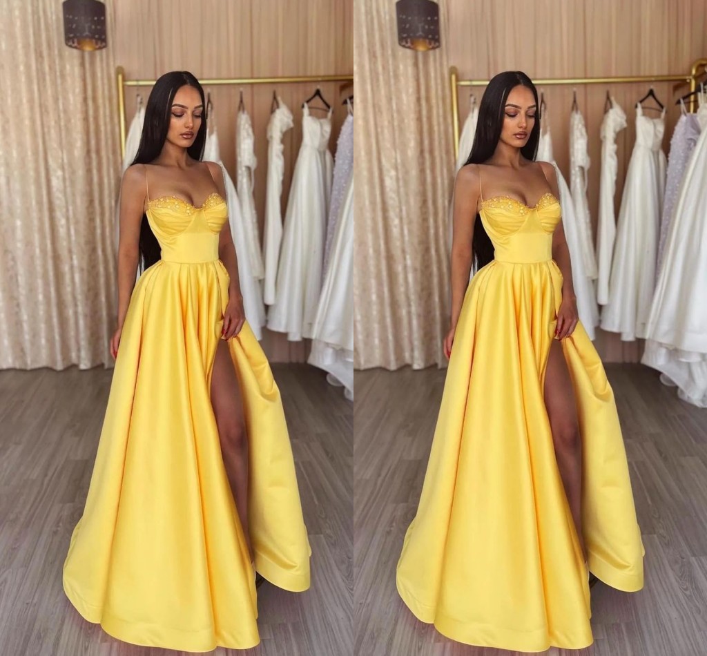 Arabic Yellow Dubai A Line Prom Dresses For Girls Spaghetti Straps Sweetheart Satin Pleats Draped High Side Split Formal Evening Pageant Birthday Part