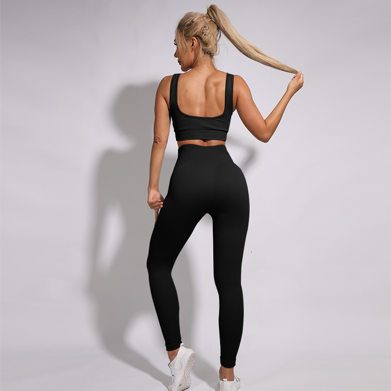Women's Two Piece Pants Ribbed Women Sets Fitness Suit Seamless Sportswear Sexy Gym Clothing Stripe Legging Long Sleeve Sport Outfits Woman Track