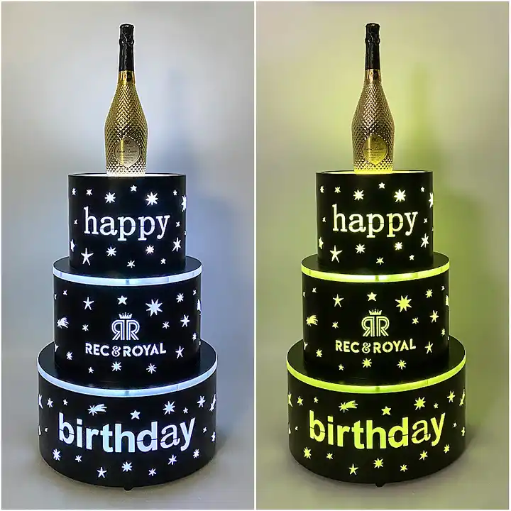 Party Nightclub rechargeable Happy birthday luminous 3 layers LED cake bottle presenter OEM custom LOGO Champagne Glorifier Neon Sign