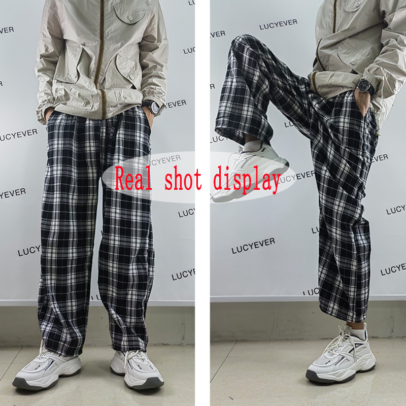 Women's Capris Lucyever Harajuku Black and White Plaid Women Summer Casual Wide Leg Trousers Teens Hip Hop Unisex Loose Straight Pants 230418 Z26