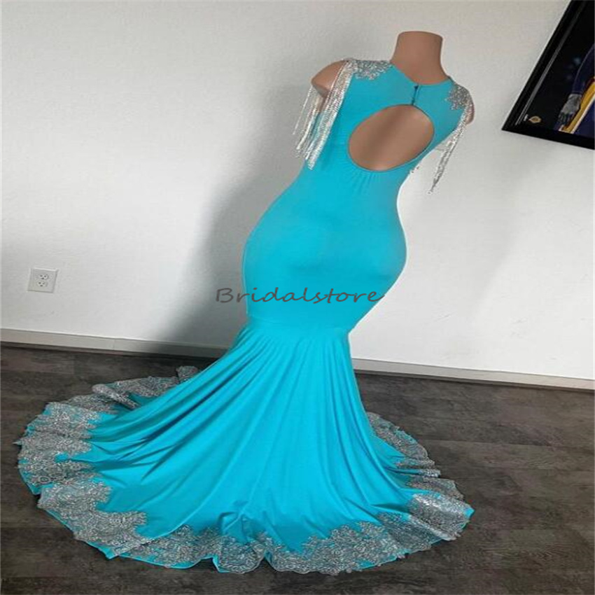 Luxury Black Girls Rhinestone Prom Dress With Tassel Elegant Mermaid Blue Plus Size Evening Gowns Open Back Beaded Formal Party Aso Ebi African Gradua