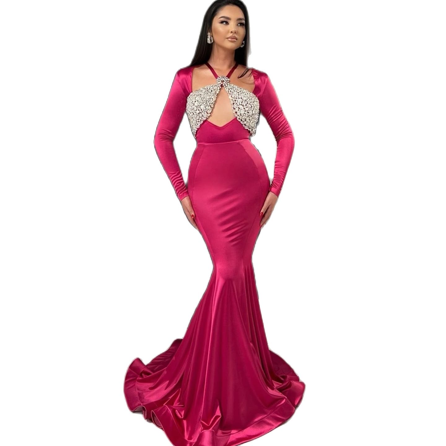 Rose Red Crystal Mermaid Evening Dresses Halter Full Sleeve Party Gowns Sexy Floor Length Prom Gown