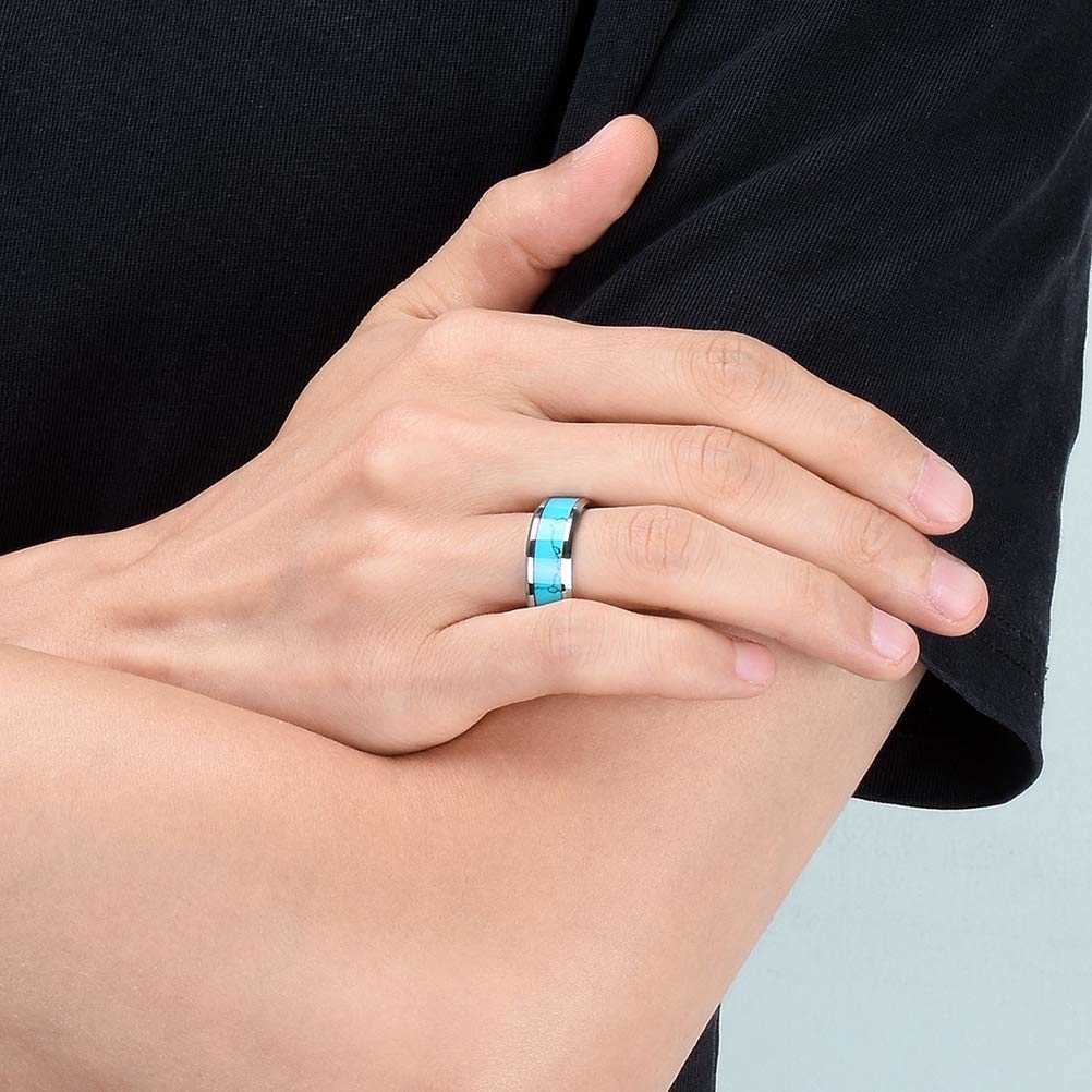 Band Rings Fashion 8mm Men Silver Color Tungsten Wedding Ring Blue Turquoise Stone Inlaid Polished Flat Ring For Men Wedding Band Jewelry AA230417